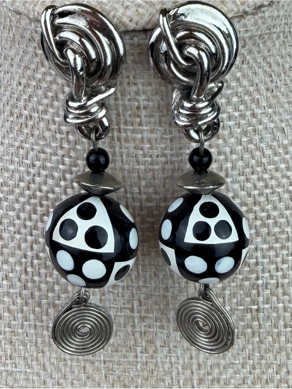 VTG Robert Rose Silver Tone Statement Drop Earrings Black White Polka Dot Beads